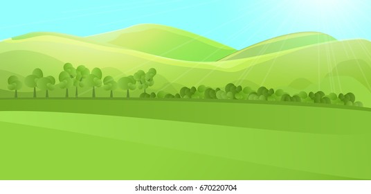 Clear horizontal landscape with green hill, mountains, grass and tree garden or forest. Colored cartoon vector illustration. Can be used for farm banner design