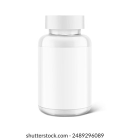 Clear i-catching pill bottle with label mockup for treats, vitamins, supplements  isolated on white background. Vector illustration. ready for your design. EPS10.	