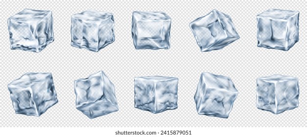 Clear ice cubes realistic vector illustration set. Refreshing drinks ingredients. Frozen water pieces 3d elements on transparent background