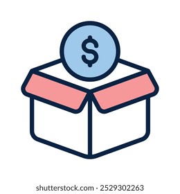 A clear icon depicting a box with a dollar sign, symbolizing product pricing
