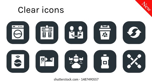 clear icon set. 10 filled clear icons.  Collection Of - Washing machine, Machine, Change, Recycling, Recycle, Rain, Mouthwash, Cotton swab