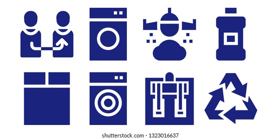 clear icon set. 8 filled clear icons.  Collection Of - Washing machine, Change, Machine, Rain, Recycling, Mouthwash