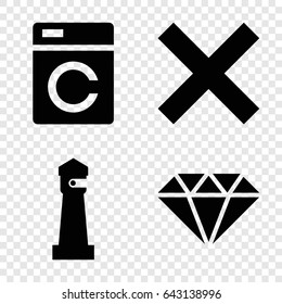 Clear icons set. set of 4 clear filled icons such as washing machine, lighthouse, gem