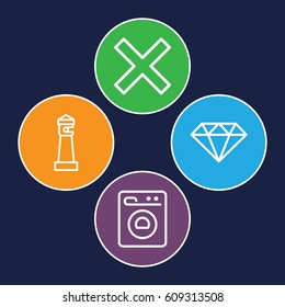 Clear icons set. set of 4 clear outline icons such as lighthouse, washing machine, gem