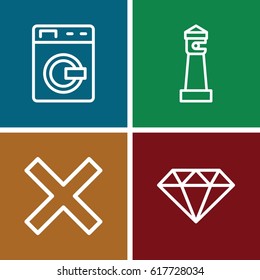 Clear icons set. set of 4 clear outline icons such as washing machine, lighthouse, gem