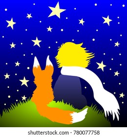 a clear illustration of the little Prince with Fox looking at the stars