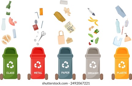 A clear image of sorting waste for recycling. Garbage containers. Various types of waste: paper and plastic, metal and glass, organics. Zero waste. Illustration in flat style. Vector illustration