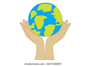 A clear and impactful illustration depicting two hands gently cupping and holding the Earth. The globe shows simplified blue oceans and green landmasses, resting securely within the palms
