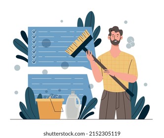 Clear intentions concept. Man sends his goals and his manifesto. Planning and goal setting, motivation or leadership. Metaphor for clearing consciousness from trash. Cartoon flat vector illustration