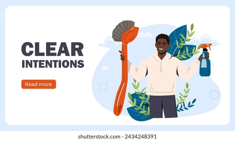 Clear intentions poster. Man with brush and detergents. Ethical business with planning. Young guy with sprayers. Landing webpage design. Cartoon flat vector illustration isolated on white background