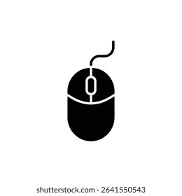 A clear, isolated vector graphic of a black computer mouse with a visible cord, set against a clean, white background, ready for use in design projects.