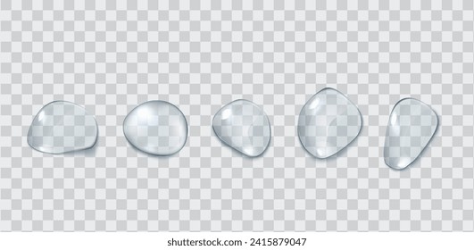 Clear liquid blobs group realistic vector illustration set. Irregular water drops upper view. Droplets 3d elements on transparent background