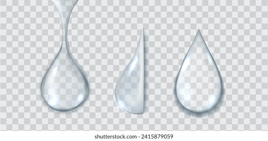 Clear liquid blobs group realistic vector illustration set. Irregular water drops upper view. Droplets 3d elements on transparent background