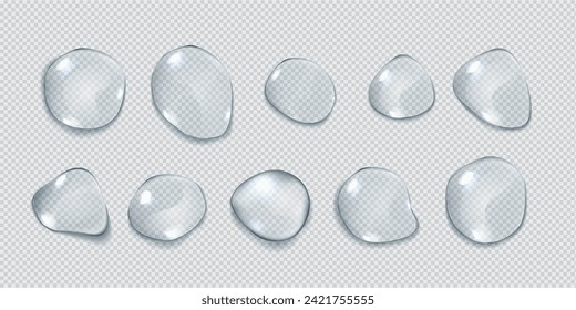 Klare Flüssig-Blobs Gruppe realistische Vektorgrafik Set. Unregelmäßiges Wasser senkt die obere Ansicht. Droplets 3D-Elemente auf transparentem Hintergrund