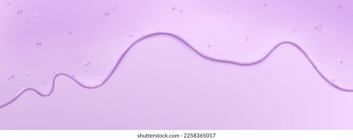 Textura de gel cosmético líquido transparente. Crema de gelatina o suero con colágeno, niacinamida o ácido salicílico para el cuidado de la belleza, borde aislado sobre fondo morado, ilustración vectorial realista