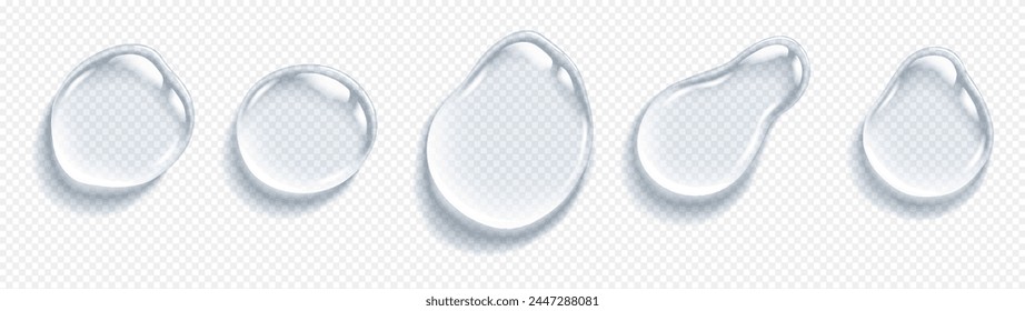 Clear liquid drops realistic vector illustration set. Cosmetic oil droplet. Collagen gel skincare product 3d objects on transparent background