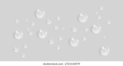 Clear liquid drops realistic vector illustration set. Cosmetic oil droplet. Collagen gel skincare product 3d objects on transparent background
