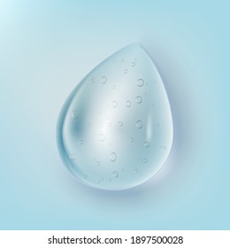 Clear Liquid Gel Drop With Bubbles On Blue Background. EPS10 Vector