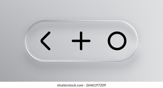 Clear liquid glass button with minus, plus, and circle symbols for modern user interface design element.