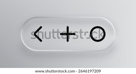 Clear liquid glass button with minus, plus, and circle symbols for modern user interface design element.