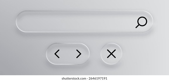 Clear liquid glass search bar with magnifying glass icon and navigation buttons for web design interface elements.
