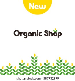 Clear local food product concept with green fresh bio agricultural crop and lettering. Flat style vector logo template for organic food shop