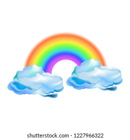 clear and magical rainbow, sky illustration, colorful rainbow with two blue clouds, realistic clouds, rainbow and clouds icon, isolated on white, stock vector illustration.