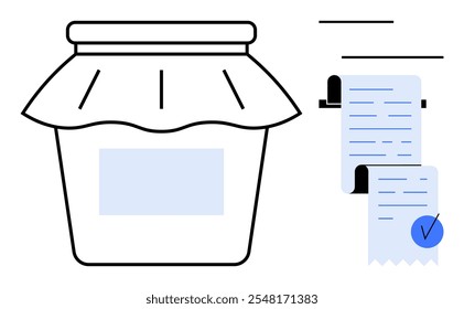 Tarro claro del albañil con la cubierta del paño junto a una lista de comprobación en papel enrollado. Ideal para la organización de la cocina, enlatado, gestión de recetas, listas de tareas pendientes y planificación de comestibles. Diseño minimalista y limpio