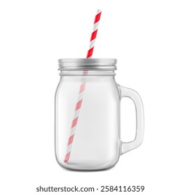 Clear mason jar with handle and straw. Hight realistic vector illustration isolated on white background. Perfect for easy customisation and editing your design. EPS10.