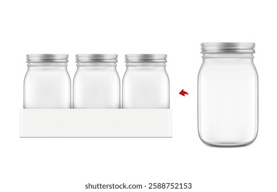 Clear mason jar multipack mockup for food, diy. Hight realistic vector illustration isolated on white background. Perfect for easy customisation and editing your design. EPS10.