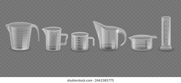 Clear Measuring Tools Isolated On Transparent Background, Plastic Cups Including Various Pitchers And Graduated Cylinder