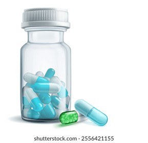 A clear medicine bottle with plastic cap filled with light blue capsules, next to it are two capsules - green and blue.