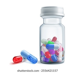 A clear medicine bottle with plastic cap filled with colored capsules, next to it are two capsules - red and blue.