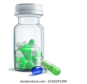 A clear medicine bottle with plastic cap filled with green capsules, next to it are two capsules - blue and green.
