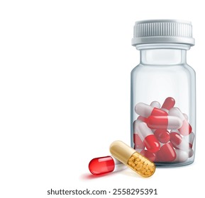 A clear medicine bottle with plastic cap filled with red capsules, next to it are two capsules - red and yellow.