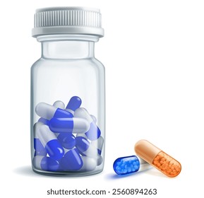 A clear medicine bottle with plastic cap filled with blue capsules, next to it are two capsules - orange and blue.