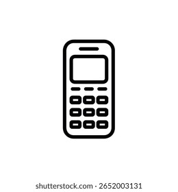 A clear, minimalist black and white vector icon depicting a classic feature phone. The design emphasizes simplicity with a rectangular screen and basic keypad.
