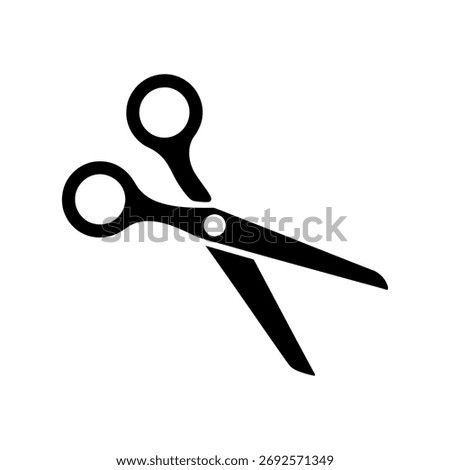 A clear, minimalist graphic of open scissors in solid black. Ideal for representing cutting, crafting, tailoring, or any task involving sharpness and precision. Versatile for various design needs.