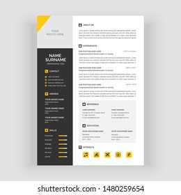 Clear and modern professional yellow CV resume template - curriculum vitae -  sample background color minimalist vector.