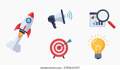 A clear and modern set of flat design vector icons representing startup concepts, marketing strategy, and business innovation.