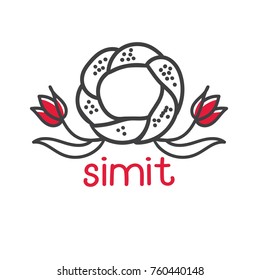 Clear modern vector illustration of famous turkish bagel Simit with red tulips. Hand drawn doodle elements for minimalistic label, logo, badge or card design for cafe, bakery or street food market.