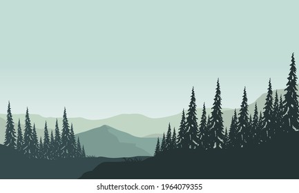 A clear morning sky with a beautiful view of the mountains and the silhouette of the surrounding pine trees. Vector illustration of a city