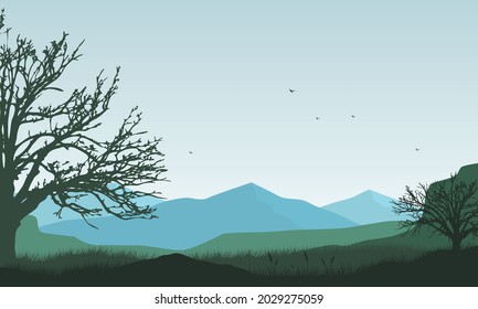 A clear morning sky with a magnificent view of the mountains and green grass from the edge of the city. Vector illustration of a city