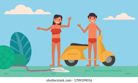 Clear motorbike Lover's hobbies activities couples spend together on summer ,holidays, Time with loved ones Happiness No place like home concept,Colorful vector illustration in flat cartoon style.