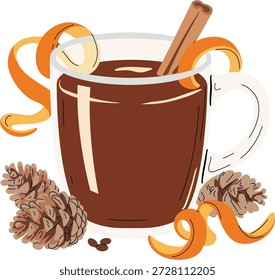 Uma caneca clara recheada com uma rica bebida marrom, guarnecida com um pau de canela e raspas de laranja, cercada por pinhas.