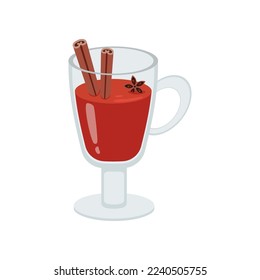 Clear mug with warm winter drink flat vector illustration. Mug of hot mulled wine on white background. Christmas, autumn or winter holidays concept