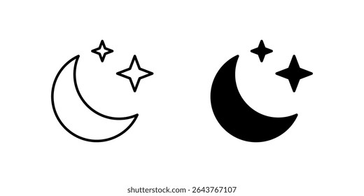 Clear Night Icon Set. A black icon of a clear night with moon and stars, representing calm weather.