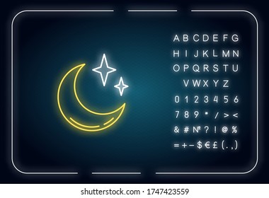 Clear night sky neon light icon. Outer glowing effect. Meteorology, weather forecasting sign with alphabet, numbers and symbols. Crescent with shiny stars vector isolated RGB color illustration