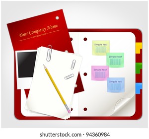 Clear organizer with photo frame, sheets of paper, pencil and clips