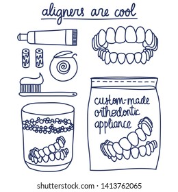 Clear orthodontic aligners. Vector hand drawn set